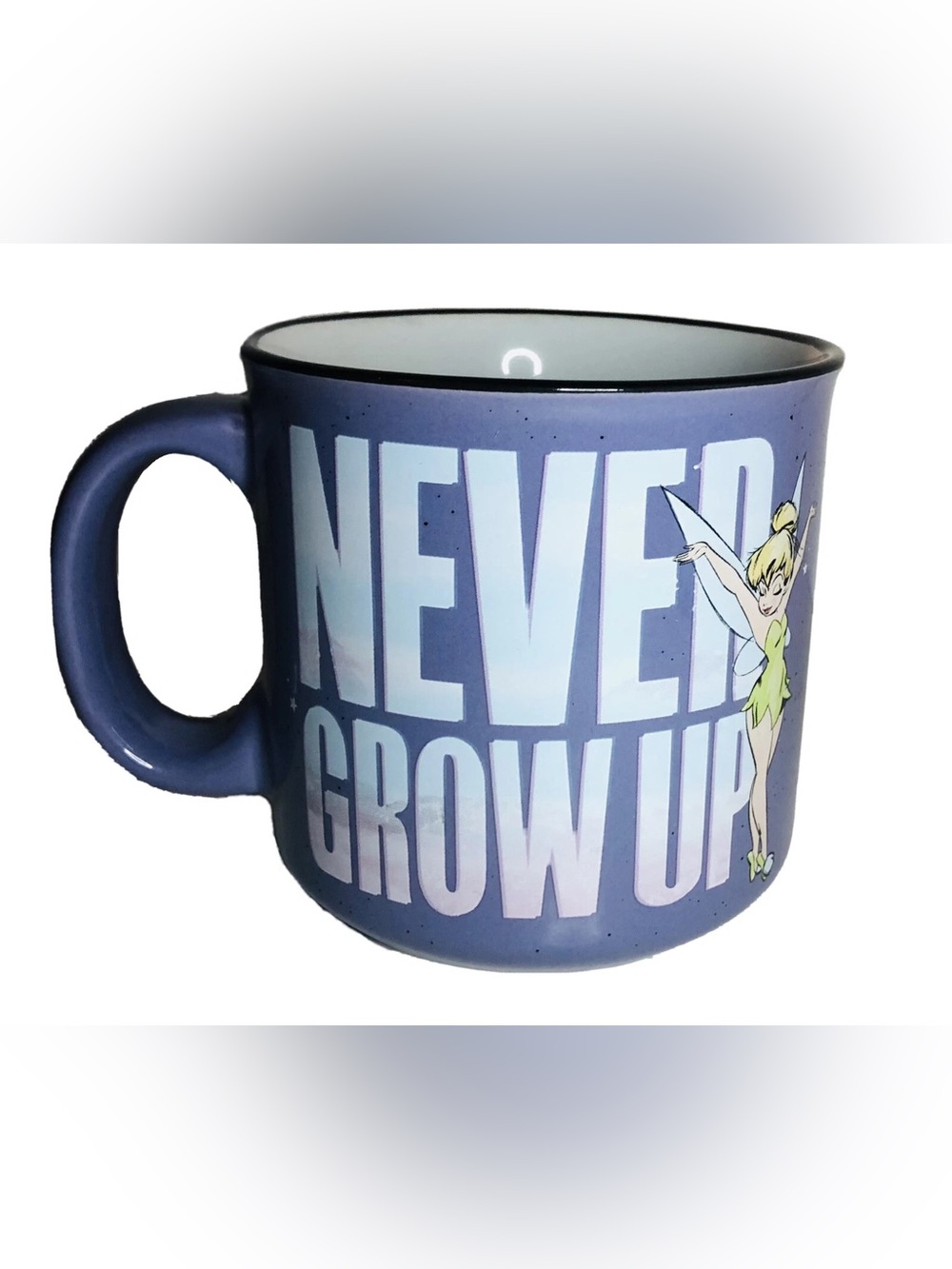 Disney Tinkerbell NEVER GROW UP Peter Pan Tink Fairy Purple Mug Cup NEW NWT